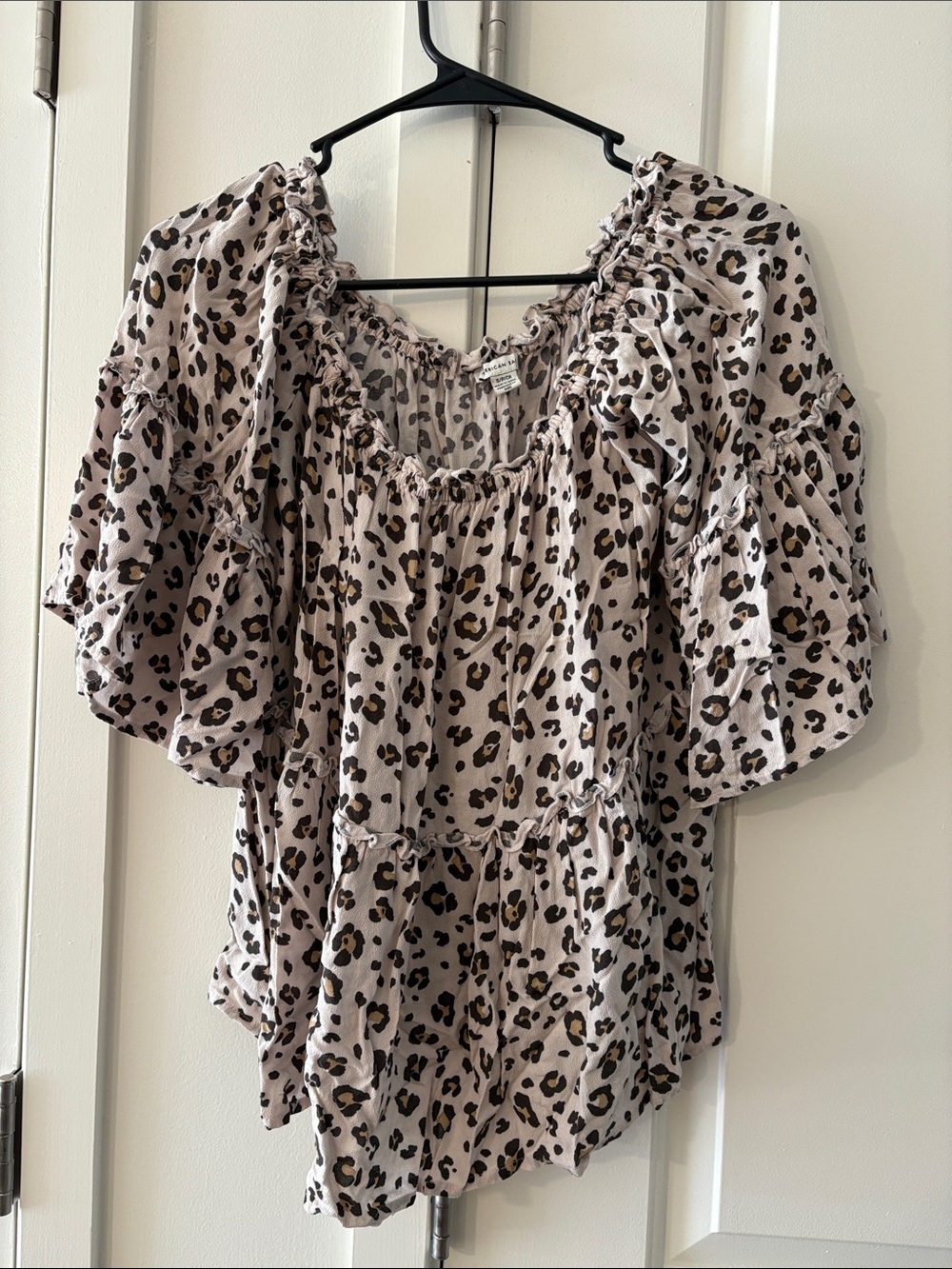 American Eagle Outfitters Beige Leopard Ruffle Peasant Blouse